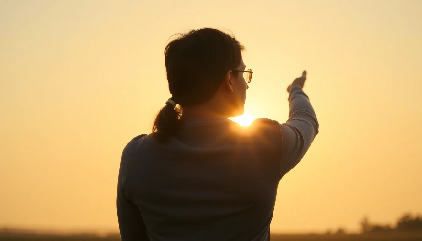Eine Person durchbricht symbolisch Ketten vor einem Sonnenaufgang